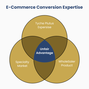 Venn diagram titled 'E-Commerce Conversion Expertise.' Three gold circles represent the core assets: Tyche Plutus Expertise, Specialty Market, and Wholesaler Product. The center intersection where all three overlap is highlighted in blue and labeled 'Unfair Advantage,' visually representing the combined strategic value.